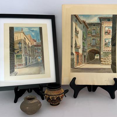 Watercolor paintings Of street scenes and two Greek style pots