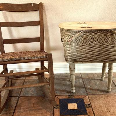 Wooden Wicker Rocking Chair &  Wicker Sewing/Storage Stand