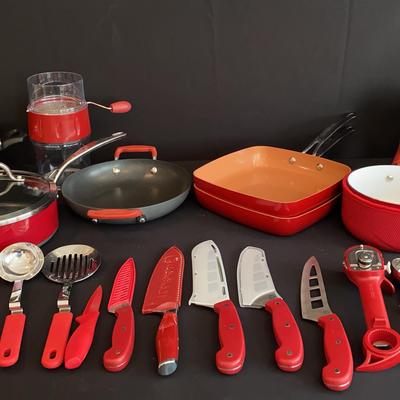 Red Kitchen Items: Pots, Pans, Salad Spinner, Sifter, Utensils And Knives