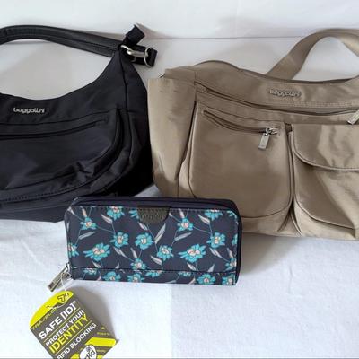 Baggallni Blue & Tan Handbag & Travelon Safe ID Wallet