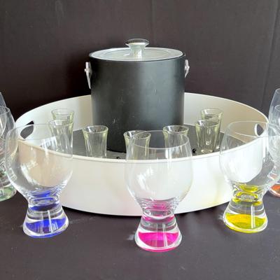 Party Time! Large White Serving Tray, Drink Ware/ Shot Glasses & Ice Bucket