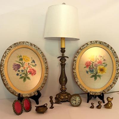 Brass Collectibles And Hand Stitched Framed Flowers