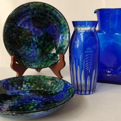 Two Collectible Stengl "Mediterranean" Shallow Bowls, Blue To Clear Vase, Cobalt Water Pitcher