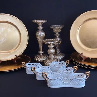 Gold Colored Chargers, Trio Of Candlesticks, Porcelain Flatware Holder Set