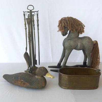 Fireplace Tools, Planter, Wooden Duck And Rocking Horse