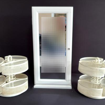 Tall White Double Sided Make Up Cabinet With Mirror And Two Cream Make Up Caddies