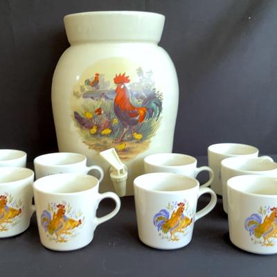 Corelle Coordinates "Country Morning" rooster mug & Rosters Design Beverage Dispenser Crock
