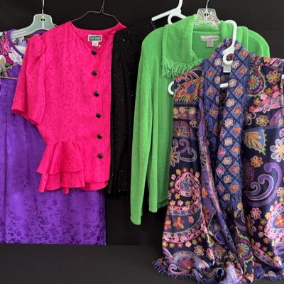 Woman designer clothes, top plus skirt, shirt, and jackets