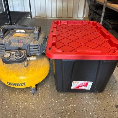 Sale Photo Thumbnail #234: #5018 • DeWalt Air Compressor and 27 Gal HDX Tough Tote

