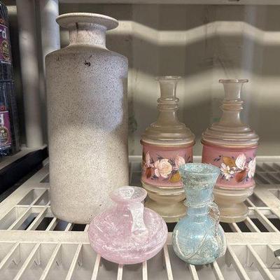 Sale Photo Thumbnail #207: #4534 • Frosted Glass Decanters, Ceramic Vase and 2 Small Vases
