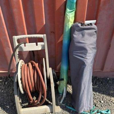 Sale Photo Thumbnail #382: #80012 • Hose Reel with Hose, Outdoor Umbrella and Foldable Chair
