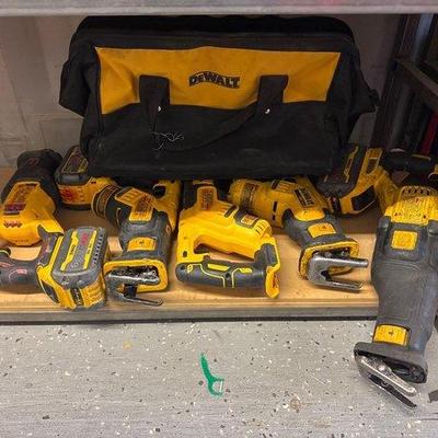 Sale Photo Thumbnail #273: #5568 • 5 DeWalt Reciprocating Saws, Batteries, Tool Bag, Pliers
