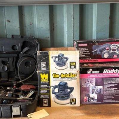 #3108 • All-in-One Cutting Tool, Car Waxer, Belt Sander, Indoor Poland Heater and Blasting & Tumbling Media
