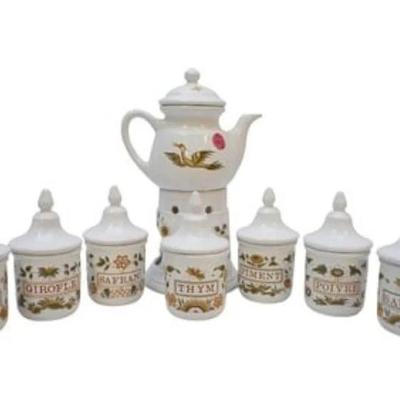 Moustiers French Vintage spice set, very good condition, includes chocolate pot with warmer, oil & vinegar flutes, mustard pot with...