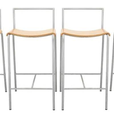 Set of Four Post Modern Italian Lapalma Bar Stools, each with curved wood seat and stainless steel support and H-form stretcher,...