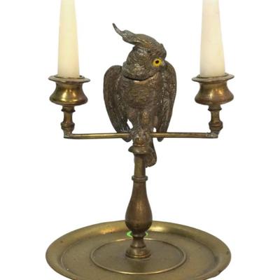 Antique Rare Vienna Bronze Parrot Double Candelabra & Match Holder, Parrots head opens to keep matches. With glass eyes, circa 1900...