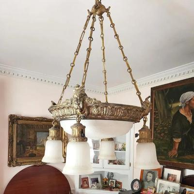 Antique French Bronze & Frosted Glass Art Nouveau Chandelier, 20"x20"x32 (drop from ceiling). 