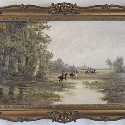 Lot 045   
19th C English Fox Hunt Oil on Canvas