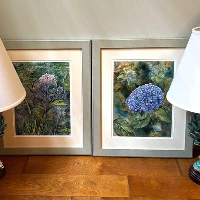 Kathy Garriott Signed Watercolors with Turquoise Ceramic Lamps