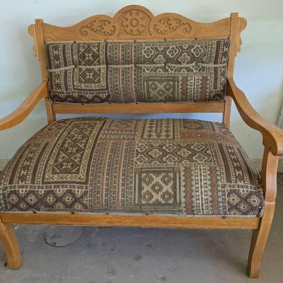 Vintage Ornate Oak Settee 