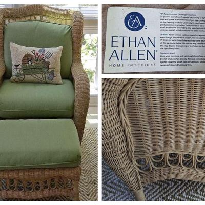 Ethan Allen Wicker Armchair and Ottoman with Green Cushions