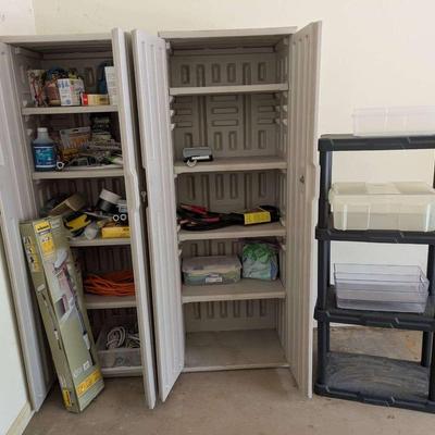 Pair of Rubbermaid Storage Cabinets with Contents & Small Black Shelf