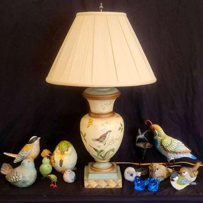 Bird Lamp with Figurine Assortment Featuring Quail, Bluebirds & More