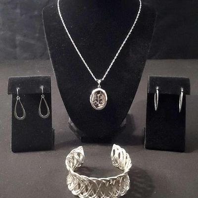Sterling Necklace, Bracelet And Earrings 