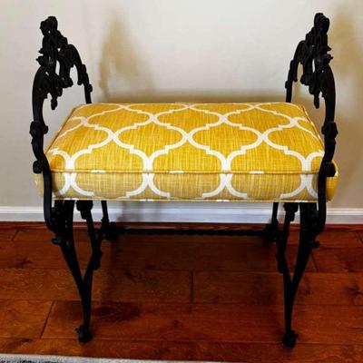 Upholstered Iron Vanity Bench with Yellow Quatrefoil Cushion