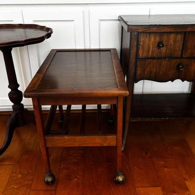 Uttermost Side Table, Elite Pie Crust Table & Mid Century Rolling Cart