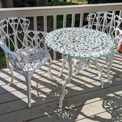 White Cast Iron Bistro Table and Chair Set with Glass Top