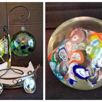 Hand-Blown Art Glass Balls & Paperweights with Metal Display Stand