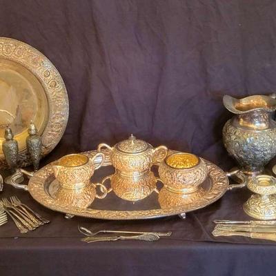 Ornate Embossed Metal Tea Set & Serving Collection