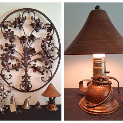 Decorative Metal Wall Art with Bells of Sarna and Vintage Table Accents
