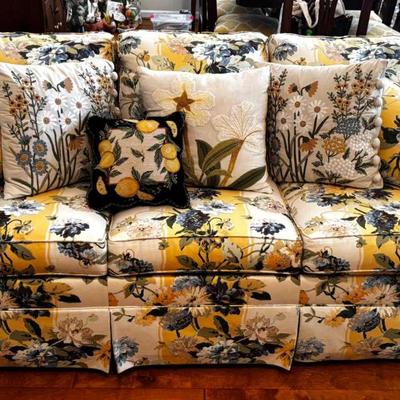 Ethan Allen Floral Upholstered Sofa with Decorative Accent Pillows