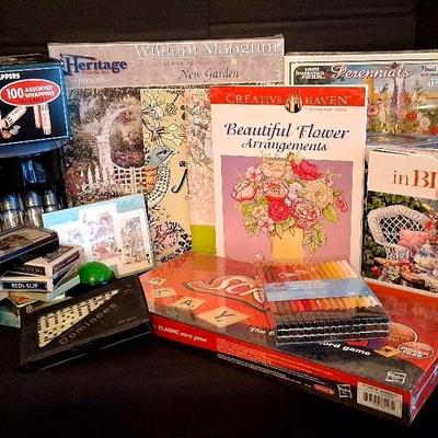 Games, Puzzles, and Crafting Fun Collection Featuring Scrabble and Coloring Supplies