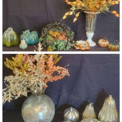 Fall Decor Featuring Mercury Glass Pumpkins & Floral Arrangements