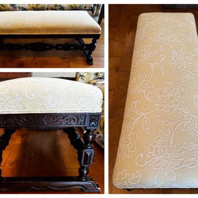 Ornately Carved Upholstered Bench with Floral Fabric