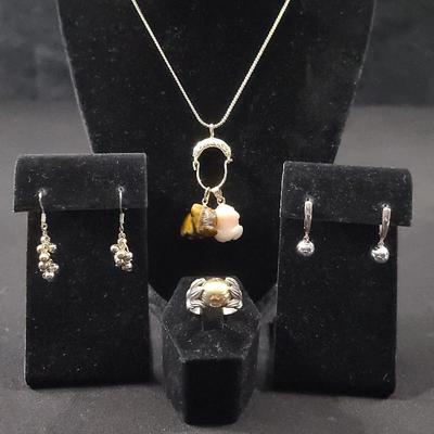 Sterling Silver Jewelry Set With Necklace, Earrings, Ring & Bracelet 