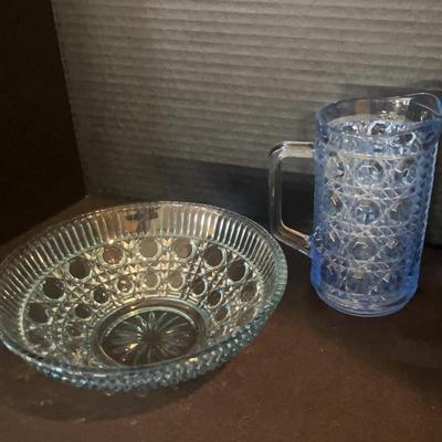 Anchor Hocking Blue Bubble Glass Bowl & Pitcher