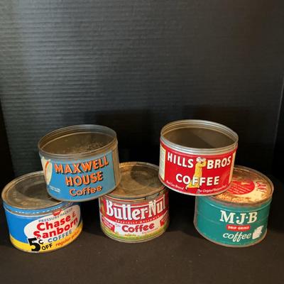 5 Vintage Coffee Tins - Butternut MJB Maxwell House Hills Bros