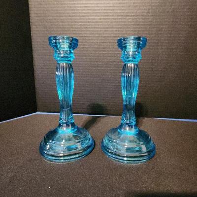 (2) Turquoise Glass Candle Holders