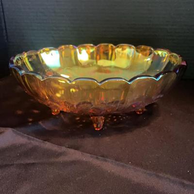 Beautiful Indiana Glass Garland Iridescent Amber Purple Orange Large 12" Fruit Centerpiece Oval Bowl