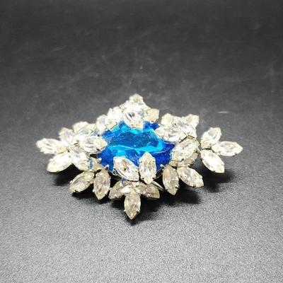 Beautiful West Germany Rhinestone & Blue Gemstone Brooch