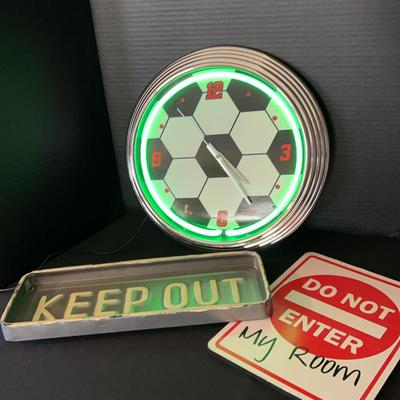 Light Up Neon Soccer Ball Clock - 15 Inch Round  And Keep Out Room Signs
