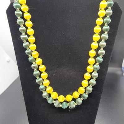 (2) Vintage Silk Satin Beaded Necklace, Green & Gold Tone Spacers