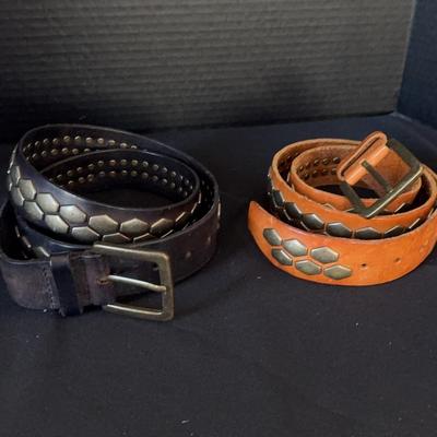 Set Of 2 Heavy Genuine Leather Belts With Metal Accents, Size L