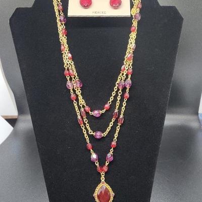Robert Rose Gemstone Set With 3 Strand Red & Purple Necklace & Draper's & Damon's Red Drop Earrings 