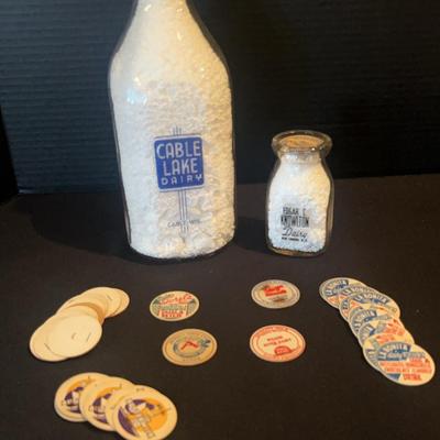 Set Of 2 Milk Bottles With Blue Lettering & Milk Caps
