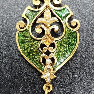Coro Green Enamel & Pearl Necklace Pendant 